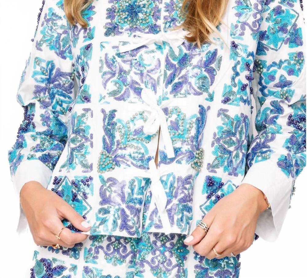 NEW QUEEN OF SPARKLES italian tiles tie collar cotton top in white/ blue
